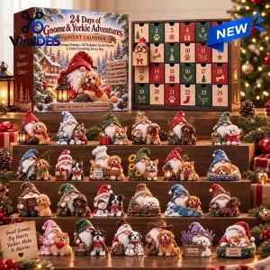 Front view of the 24 Days of Gnomes & Yorkie Adventures Advent Calendar with figures displayed on shelves.