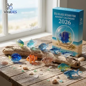 Front view of Sea Glass Ocean Fish Advent Calendar 2026 box with glass fish figurines arranged on a wooden log.