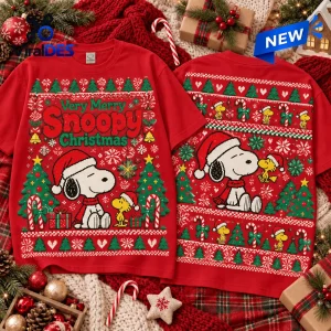 Front and back view of a red Snoopy Christmas Ugly Sweater T-Shirt with festive holiday patterns.