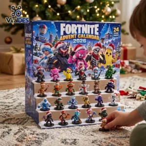 Front view of a Fortnite Advent Calendar 2026 box with small holiday figurines arranged on tiered shelves.
