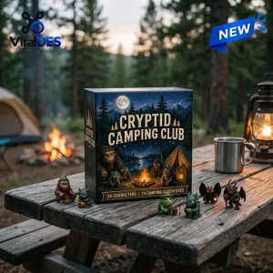 Front view of Cryptid Camping Club Advent Calendar 2026 box with small creature figurines on a wooden picnic table outdoors.