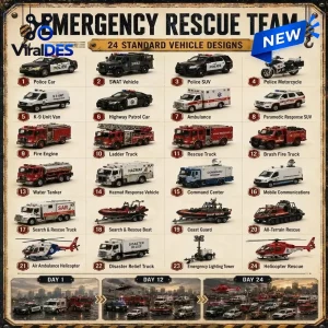 Front view of an Emergency Rescue Team Advent Calendar 2026 showing twenty-four numbered vehicle designs.