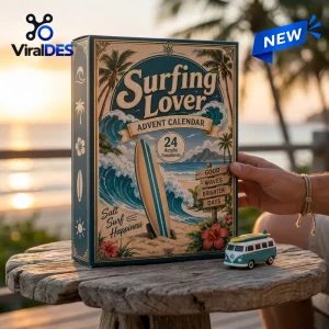 Angled view of a Surfing Lover Christmas Advent Calendar box on a wooden table with a toy van.