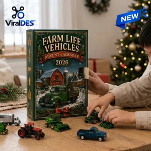Front view of Farm Life Vehicles Advent Calendar 2026 being opened by a child next to toy tractors.