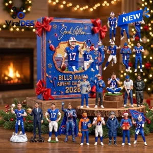 Front view of the Josh Allen Buffalo Bills 2026 Advent Calendar surrounded by various player figurines.