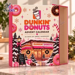 Front view of Dunkin Donuts Christmas Advent Calendar box with holiday shop illustration.