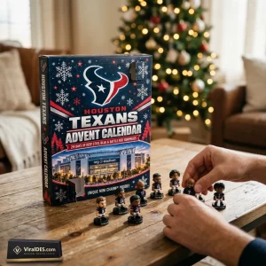 Front view of a Houston Texans NFL 2026 Advent Calendar on a wooden table with mini figures.