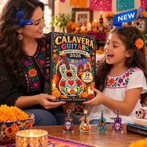 Mother and daughter holding the Calavera Guitar Advent Calendar 2026 box with small guitar ornaments displayed.