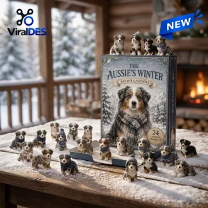 Front view of an Australian Shepherd Winter Acrylic Dog Advent Calendar with figurines on snowy table.