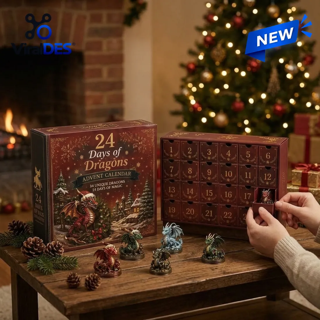 Hands pulling open drawer 17 of the burgundy 24 Days of Dragons Advent Calendar cabinet beside four 3D dragon figurines