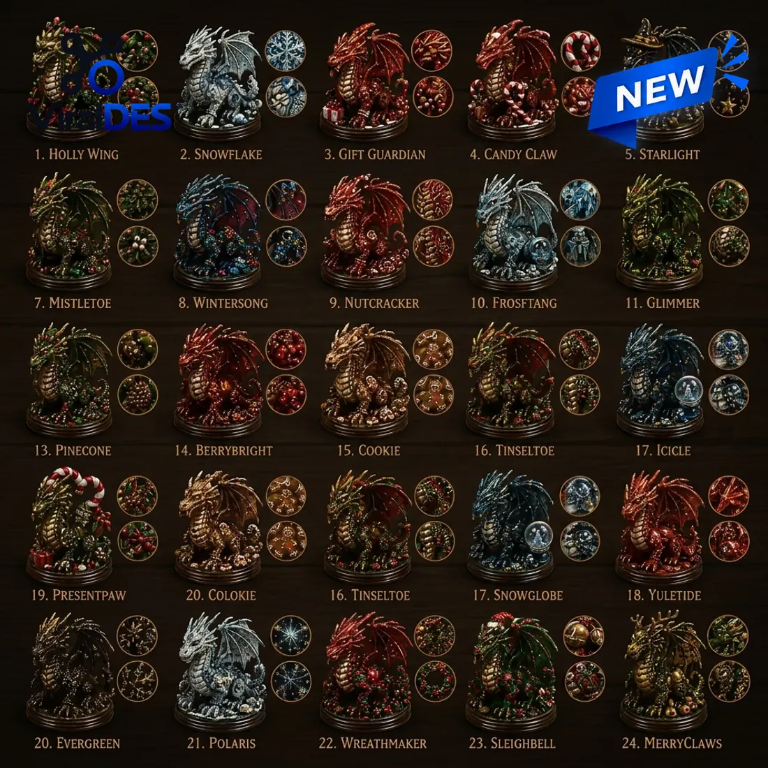 Collector chart of the 24 Days of Dragons Advent Calendar showing named dragon figurines and circular detail insets