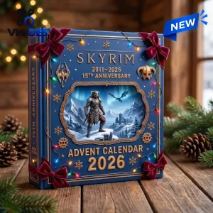Front view of the Skyrim 15th Anniversary 2026 Advent Calendar box on a wooden table with string lights and pinecones.