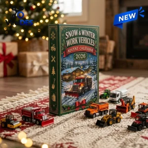 Front view of Snow & Winter Work Vehicles Advent Calendar 2026 box with toy trucks displayed on a rug.