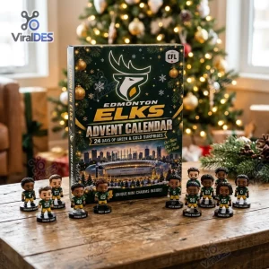 Front view of Edmonton Elks Canadian Football Advent Calendar with mini figures on wooden table.