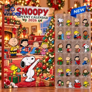 Front view of a Snoopy Peanuts Christmas Advent Calendar featuring characters and festive art.