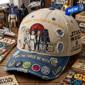 Front view of a Star Wars 50th Anniversary distressed baseball cap with embroidered characters and patches.