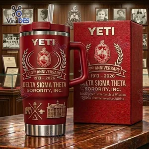 Front view of a red Delta Sigma Theta 113th Anniversary YETI tumbler cup with matching box.