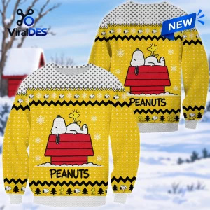 Front and back view of a yellow Peanuts Snoopy Christmas ugly sweater featuring Snoopy on his doghouse.
