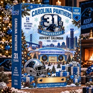 Front view of the Carolina Panthers 31st Anniversary Advent Calendar box with a stadium and helmet design.