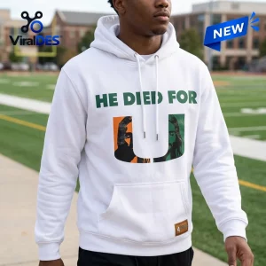 Front view of a person wearing the white Faith Walker He Died For Us hoodie with green text.