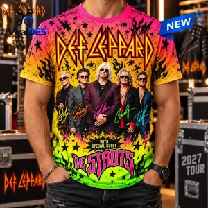 Front view of a Def Leppard Goo Goo Dolls Tour Shirt featuring a colorful band graphic with signatures.