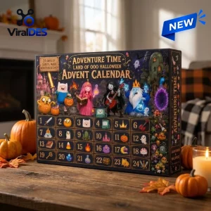 Front view of the Adventure Time Land of Ooo Halloween Advent Calendar on a wooden table with pumpkins.