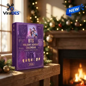 Front view of the BTS 2026 Purple Holiday Advent Calendar resting on a mantelpiece near a fireplace.