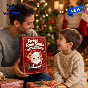 Father and son holding the Aries Ram Santa Advent Calendar 2026 in a festive holiday setting.