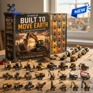 Front view of Built To Move Earth Construction Advent Calendar with 24 toy vehicles.