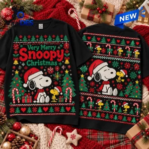 Front and back view of a black Snoopy Christmas Ugly Sweater T-Shirt with festive holiday graphics.