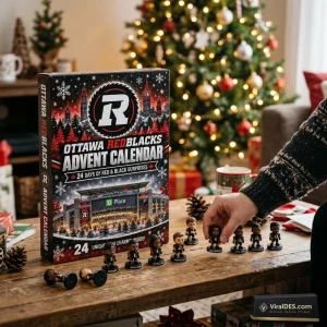 Front view of an Ottawa Redblacks 2026 Advent Calendar box on a table with mini figurines.