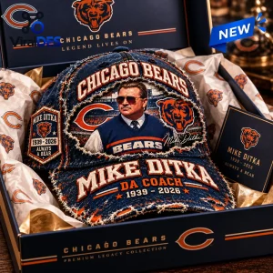 Front view of Chicago Bears Mike Ditka denim baseball cap inside branded gift box.