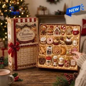 Front view of Day Christmas Bakery Collection Advent Calendar showing 24 numbered doors and miniature bakery figures.