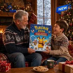 An older man and a young boy holding a Pokemon 2026 Christmas Advent Calendar together.