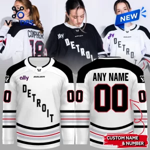 Collage of models wearing PWHL Detroit 2026 Away Custom Hockey Jersey variants with name and number customization.
