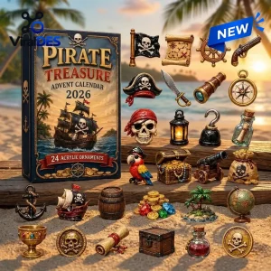 Front view of Pirate Treasure 2026 Advent Calendar box alongside miniature nautical and pirate themed acrylic ornaments.
