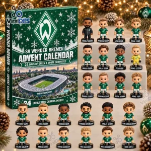 Front view of SV Werder Bremen 2026 Advent Calendar box alongside twenty-four mini figurines.