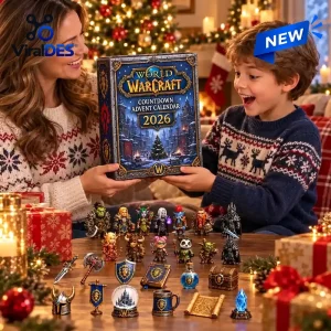 Front view of a woman and child holding the World of Warcraft 2026 Countdown Advent Calendar surrounded by tiny figurines.