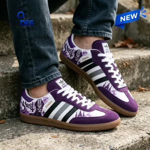 Side view of Ghost Purple Band Adidas Samba Shoes worn on outdoor stone steps.