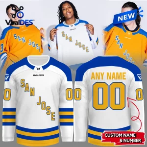 Collage of PWHL San Jose 2026 away custom hockey jersey featuring front and back views with players.