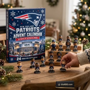 Front view of New England Patriots Advent Calendar with mini football figures.