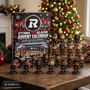 Front view of Ottawa Redblacks 2026 Advent Calendar box alongside miniature figurine toys on a wooden surface.