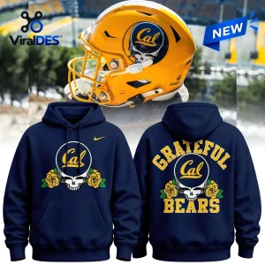 Front and back view of a blue California Golden Bears Grateful Dead hoodie with skull and rose graphics.