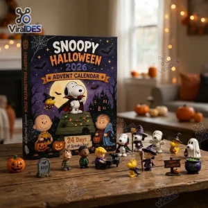 Front view of Snoopy Peanuts Halloween 2026 Advent Calendar box displayed with small character figurines on a wooden table.