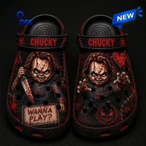 Top view of Chucky Bloody Slasher Horror Clogs featuring knife and text graphics.