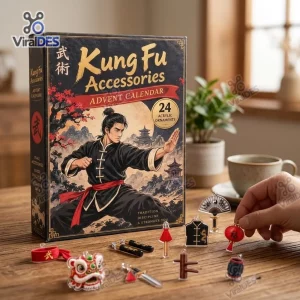 Front view of Kung Fu Accessories Advent Calendar box with miniature acrylic ornaments on wooden table.