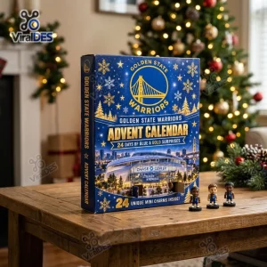 Front view of the Golden State Warriors 2026 Advent Calendar on a wooden table with mini figurines.