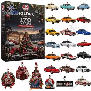 Front view of Holden 170th Anniversary 2026 Advent Calendar box alongside miniature classic car ornaments.