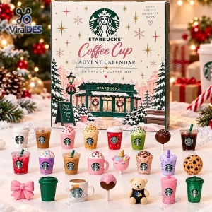 Front view of Starbucks Coffee Cup Advent Calendar 2026 with miniature cups displayed below.