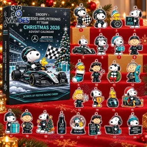 Front view of the Snoopy x Mercedes AMG Petronas Christmas 2026 Advent Calendar with numbered hanging ornaments.